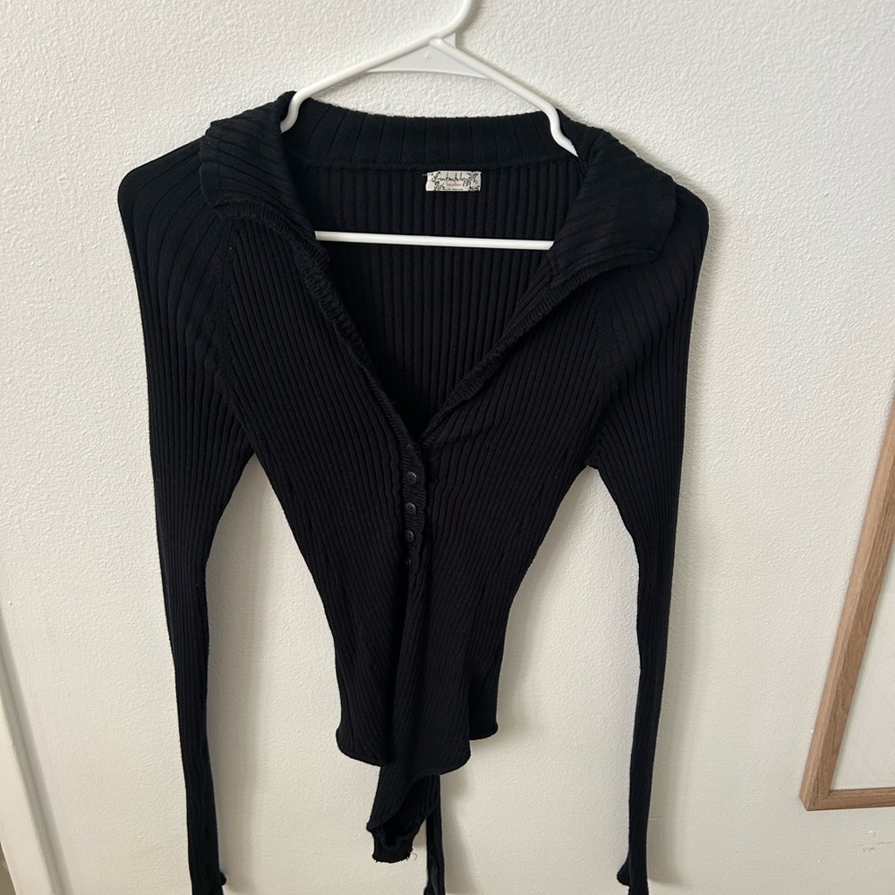 Free People Black Ribbed Button-Down Bodysuit